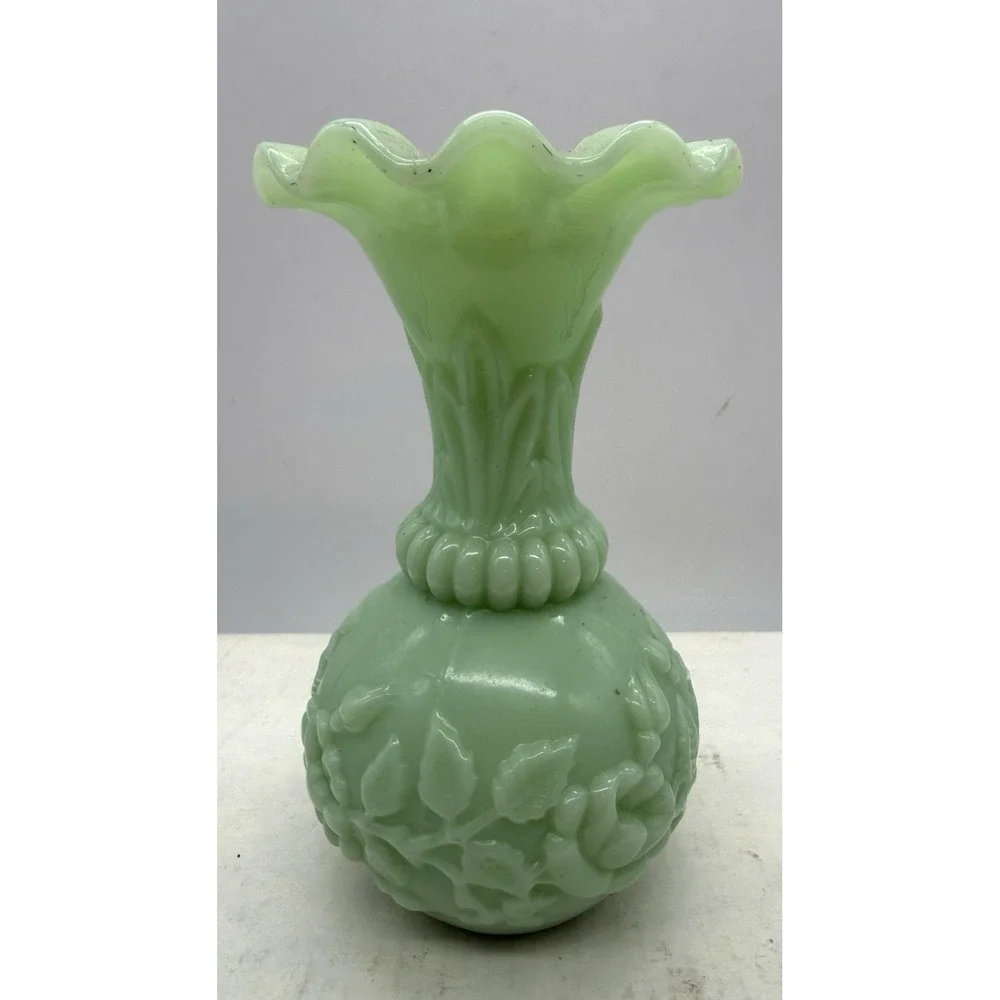 19th Century French Green Opaline Glass Ruffles Vase Embossed Flowers 4.5 
